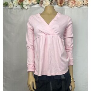 Pink Ribbed Cotton Surplice Empire Waist Long Sleeve Top W3084 Babydoll Style